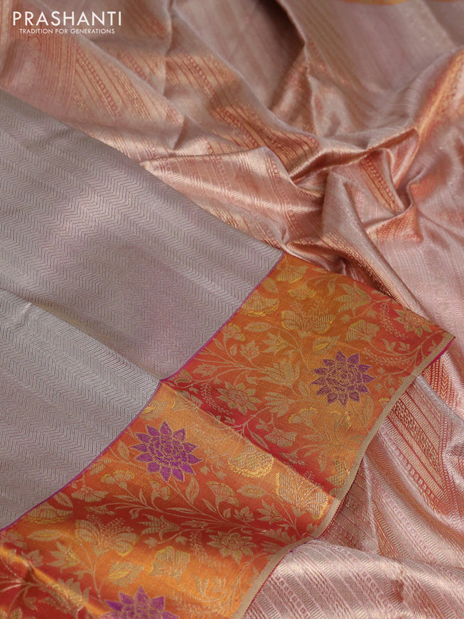 Pure kanchipuram tissue silk saree pastel lavender and dark mustard with allover silver zari woven brocade weaves and rich zari woven border