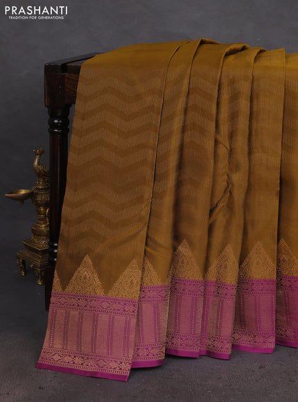 Kanchipuram silk saree mustard green and purple with allover zari weaves and zari woven border