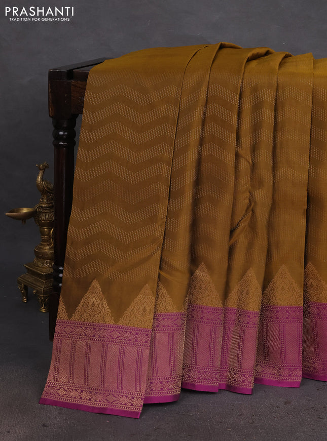 Kanchipuram silk saree mustard green and purple with allover zari weaves and zari woven border