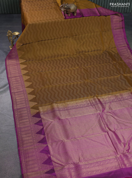 Kanchipuram silk saree mustard green and purple with allover zari weaves and zari woven border