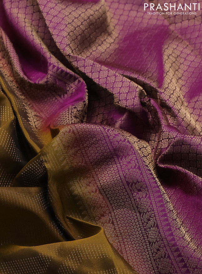 Kanchipuram silk saree mustard green and purple with allover zari weaves and zari woven border