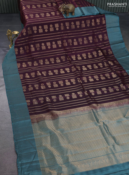 Kanchipuram silk saree deep maroon and pastel green with allover zari weaves and zari checked border