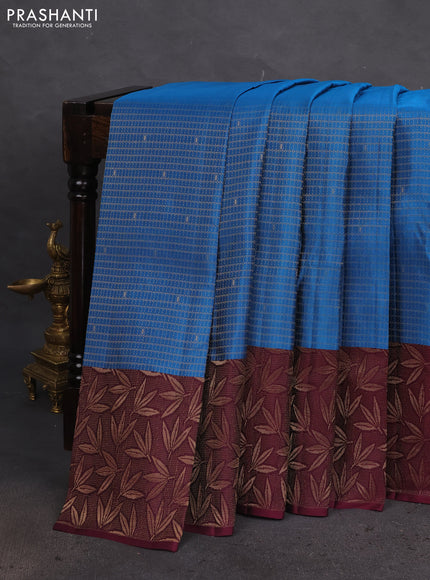Kanchipuram silk saree cs blue and deep wine shade with allover small zari checked pattern and zari woven border