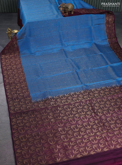 Kanchipuram silk saree cs blue and deep wine shade with allover small zari checked pattern and zari woven border