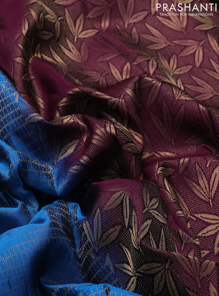 Kanchipuram silk saree cs blue and deep wine shade with allover small zari checked pattern and zari woven border