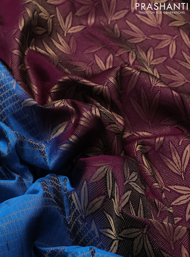 Kanchipuram silk saree cs blue and deep wine shade with allover small zari checked pattern and zari woven border