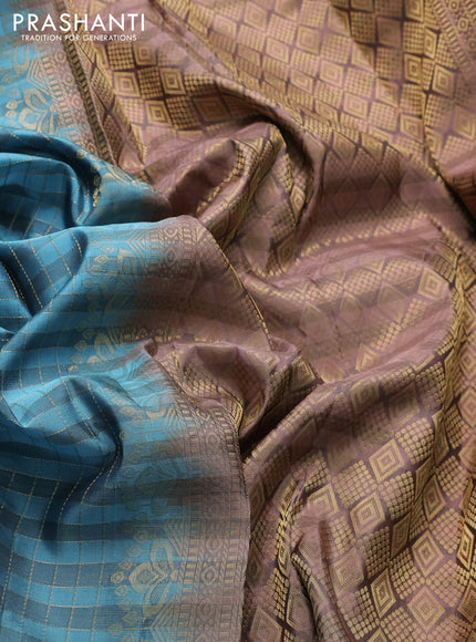 Kanchipuram silk saree pastel blue and brown with allover zari checked pattern and zari woven simple border
