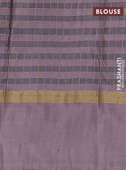 Kanchipuram silk saree pastel blue and brown with allover zari checked pattern and zari woven simple border