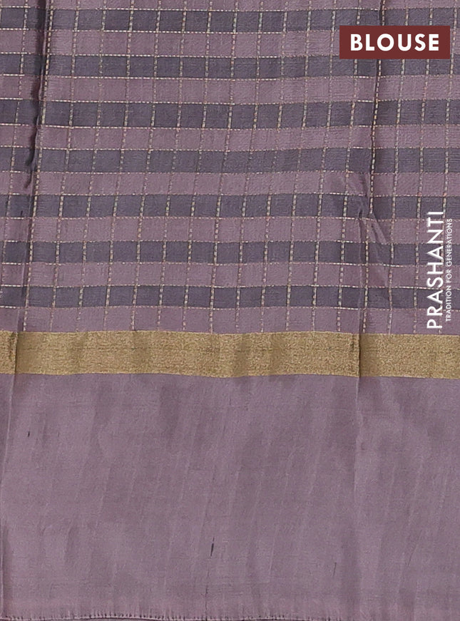 Kanchipuram silk saree pastel blue and brown with allover zari checked pattern and zari woven simple border