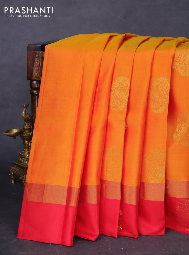 Kanchipuram silk saree mustard yellow and red with zari woven buttas and zari woven butta border