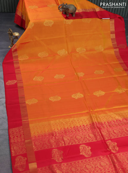Kanchipuram silk saree mustard yellow and red with zari woven buttas and zari woven butta border