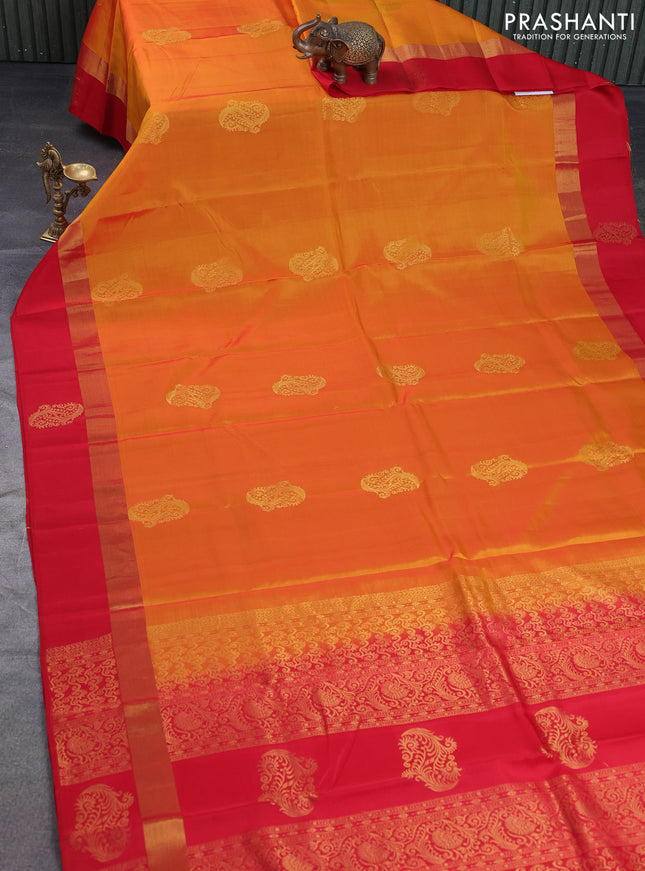 Kanchipuram silk saree mustard yellow and red with zari woven buttas and zari woven butta border