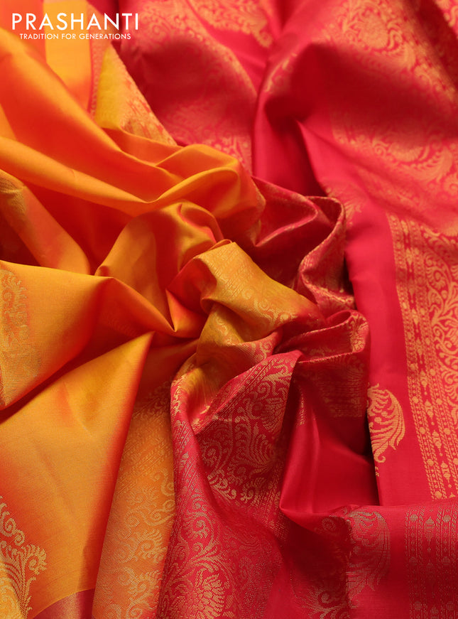 Kanchipuram silk saree mustard yellow and red with zari woven buttas and zari woven butta border