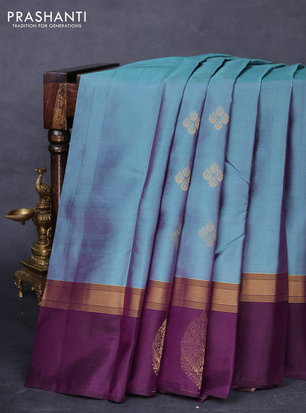 Kanchipuram silk saree teal green and wine shade with zari woven buttas and zari woven butta border
