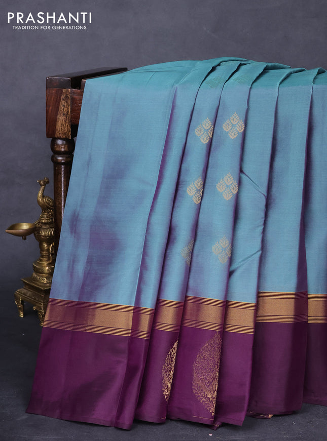 Kanchipuram silk saree teal green and wine shade with zari woven buttas and zari woven butta border