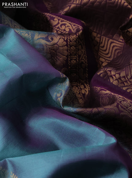 Kanchipuram silk saree teal green and wine shade with zari woven buttas and zari woven butta border