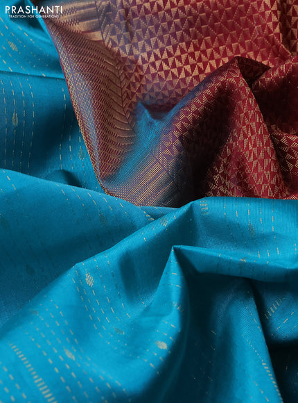 Kanchipuram silk saree teal blue and maroon with allover zari weaves in borderless style