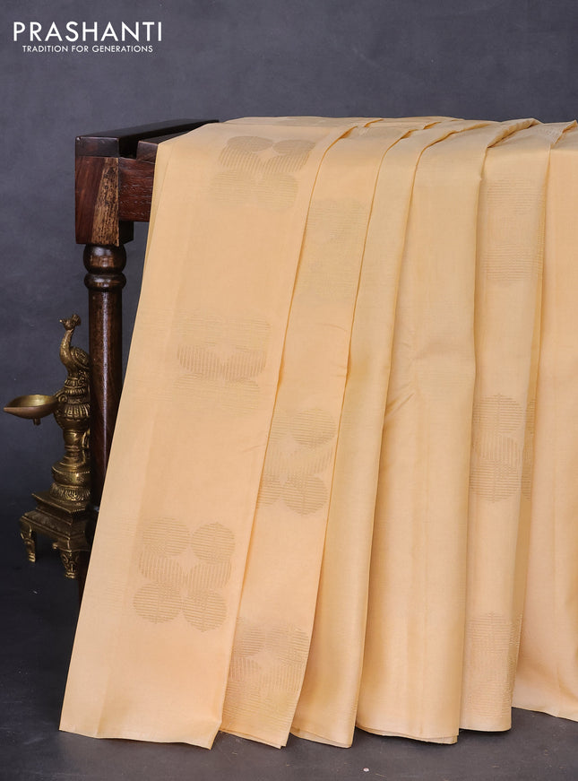 Kanchipuram silk saree pale yellow and green with zari woven buttas in borderless style