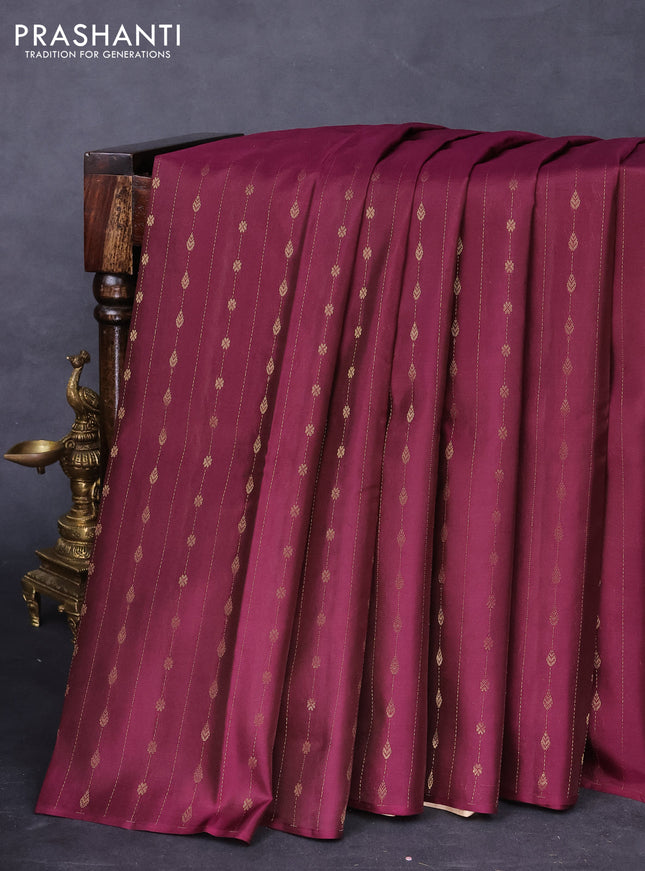 Kanchipuram silk saree wine shade and sandal with allover zari weaves in borderless style