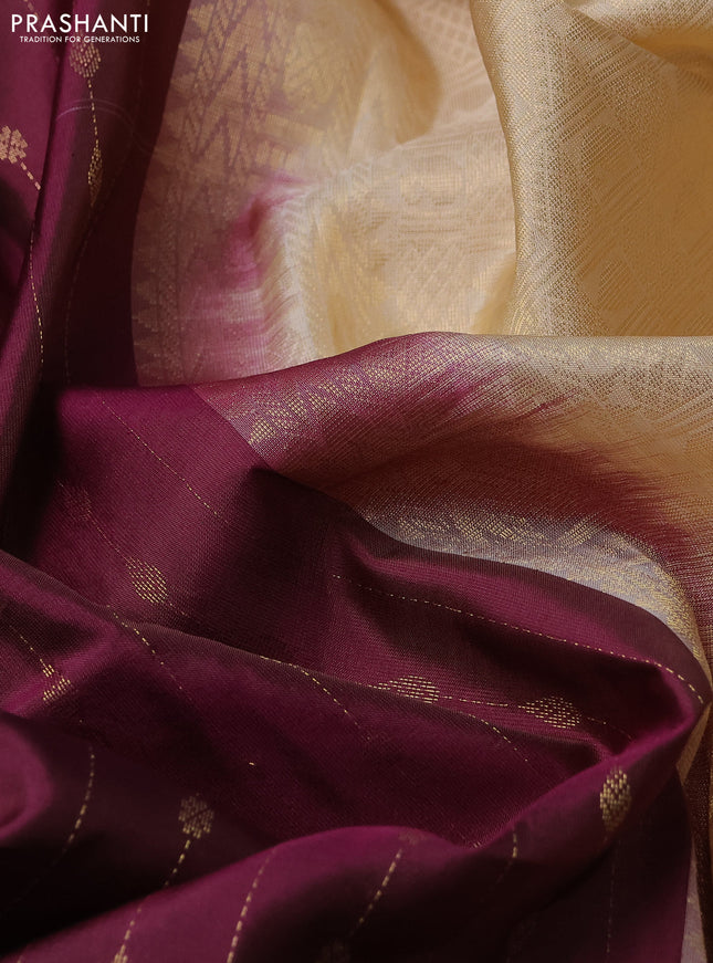 Kanchipuram silk saree wine shade and sandal with allover zari weaves in borderless style