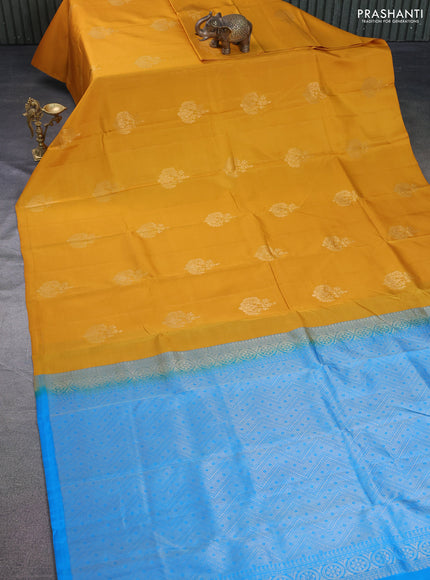 Kanchipuram silk saree mustard yellow and cs blue with zari woven buttas in borderless style