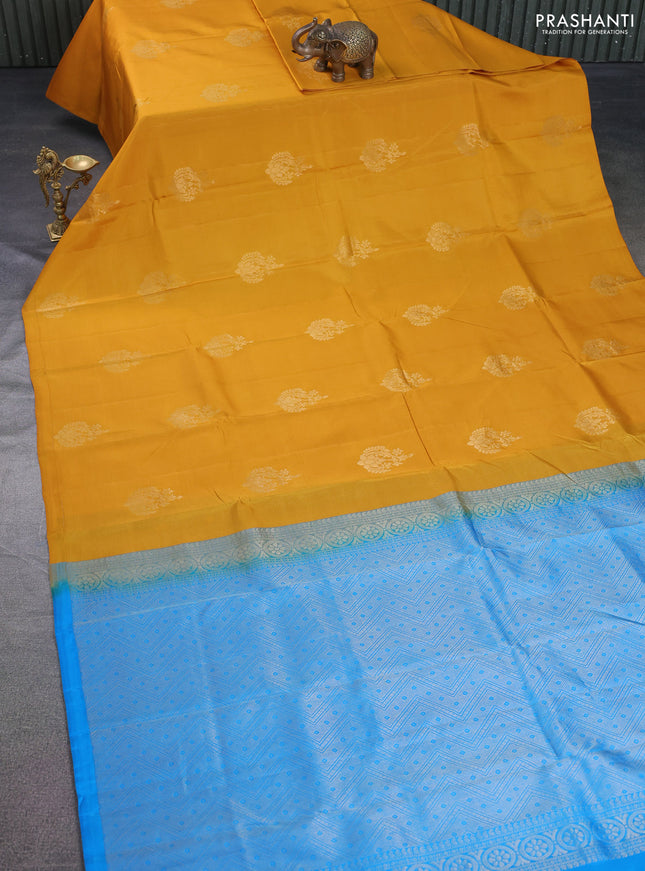 Kanchipuram silk saree mustard yellow and cs blue with zari woven buttas in borderless style