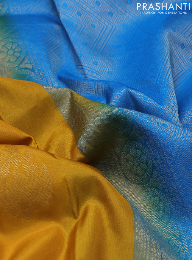 Kanchipuram silk saree mustard yellow and cs blue with zari woven buttas in borderless style
