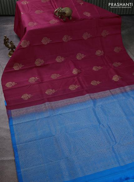 Kanchipuram silk saree pink and cs blue with zari woven buttas in borderless style