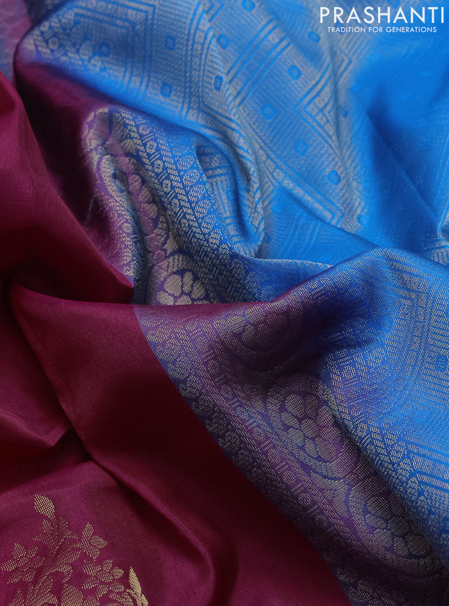Kanchipuram silk saree pink and cs blue with zari woven buttas in borderless style