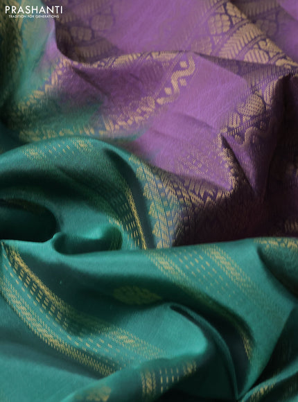 Kanchipuram silk saree teal green shade and pastel purple with allover zari weaves & buttas and zari woven checked border
