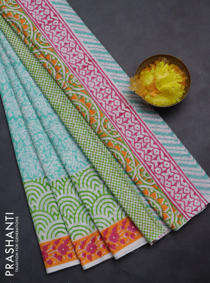 Jaipur cotton saree teal blue and orange with allover prints and printed border