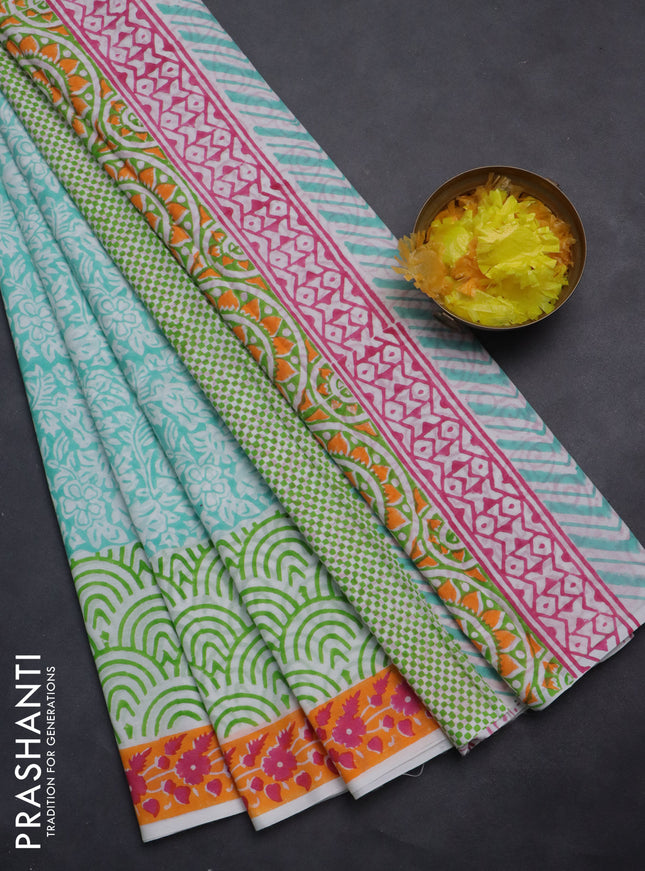 Jaipur cotton saree teal blue and orange with allover prints and printed border