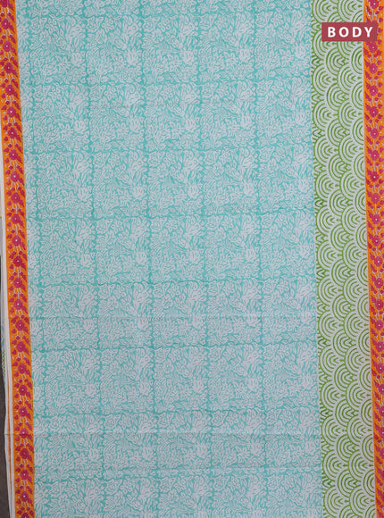 Jaipur cotton saree teal blue and orange with allover prints and printed border