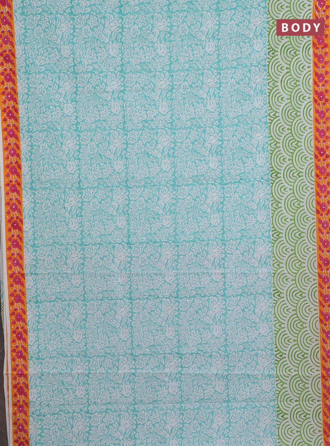 Jaipur cotton saree teal blue and orange with allover prints and printed border
