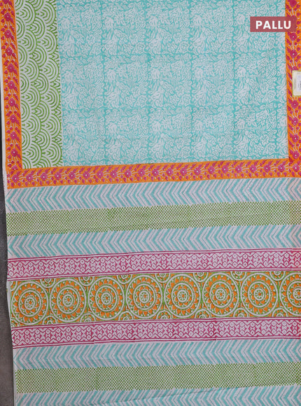 Jaipur cotton saree teal blue and orange with allover prints and printed border