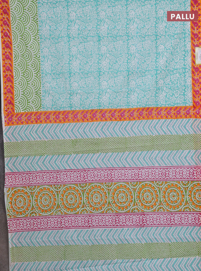 Jaipur cotton saree teal blue and orange with allover prints and printed border