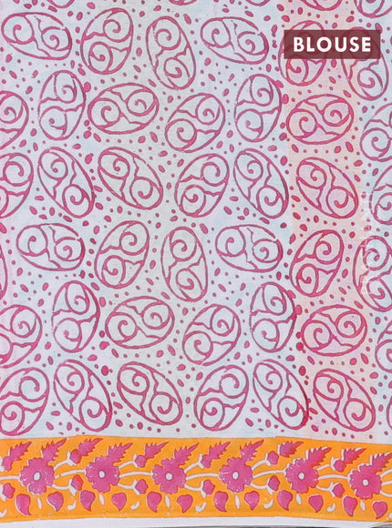 Jaipur cotton saree teal blue and orange with allover prints and printed border