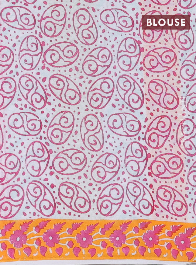 Jaipur cotton saree teal blue and orange with allover prints and printed border