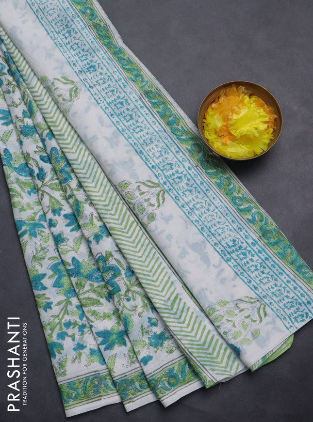 Jaipur cotton saree off white with allover floral prints and printed border