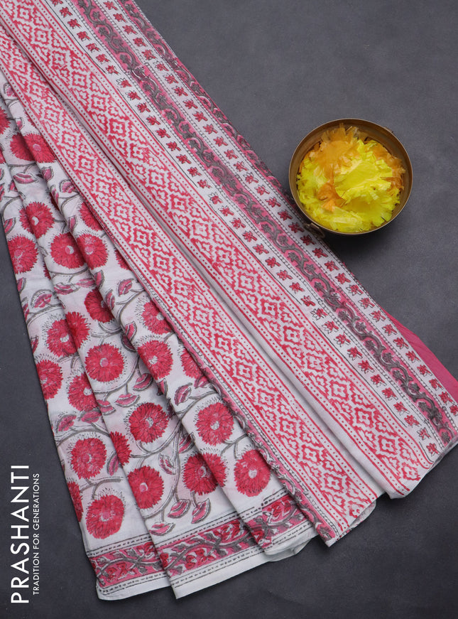 Jaipur cotton saree off white with allover floral prints and printed border