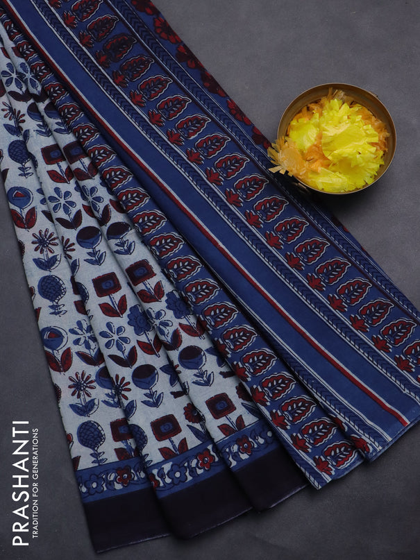 Jaipur cotton saree grey and navy blue with butta prints and printed border
