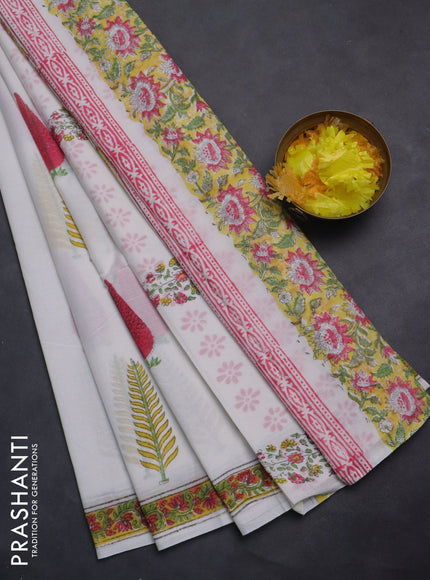 Jaipur cotton saree off white and yellow with butta prints and printed border