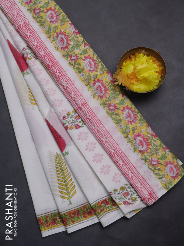 Jaipur cotton saree off white and yellow with butta prints and printed border