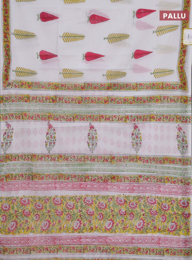 Jaipur cotton saree off white and yellow with butta prints and printed border