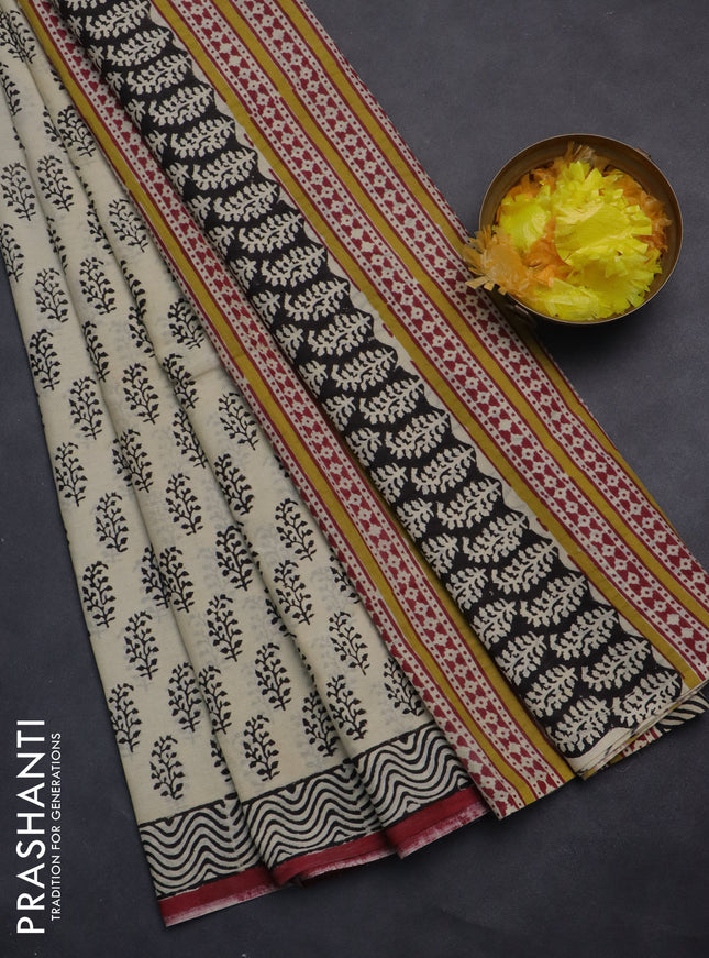 Jaipur cotton saree beige and maroon with butta prints and printed border