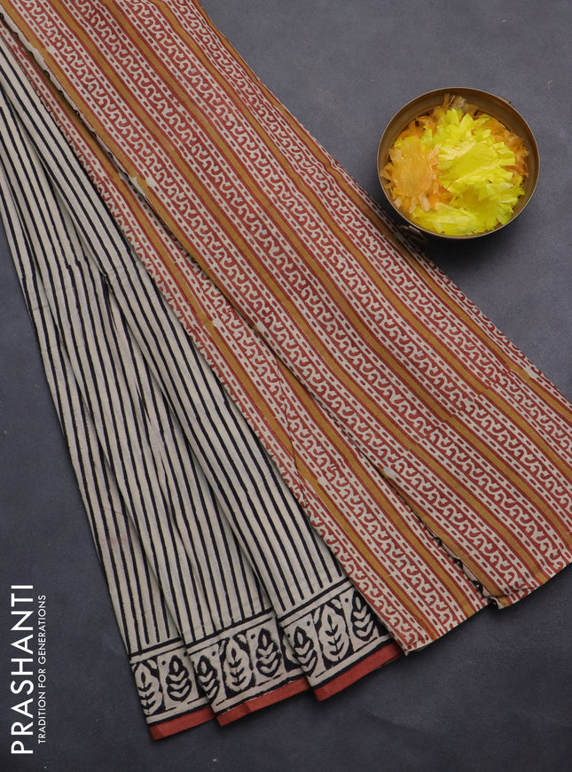 Jaipur cotton saree beige and black with allover stripes pattern and printed border