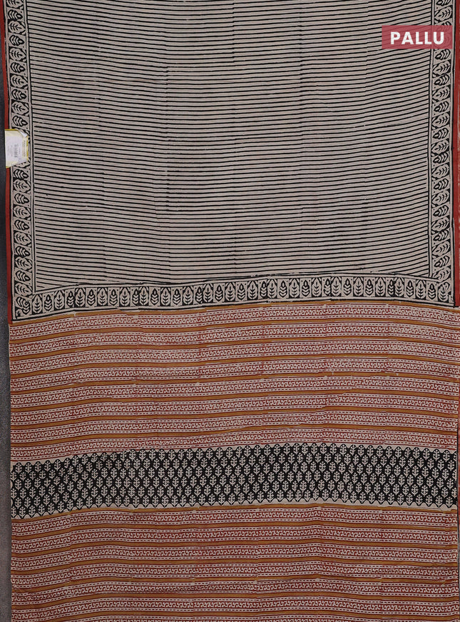 Jaipur cotton saree beige and black with allover stripes pattern and printed border
