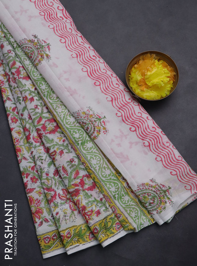 Jaipur cotton saree off white and yellow with allover floral prints and printed border