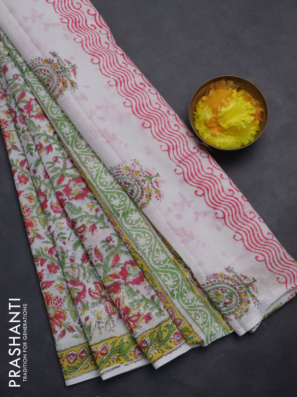 Jaipur cotton saree off white and yellow with allover floral prints and printed border