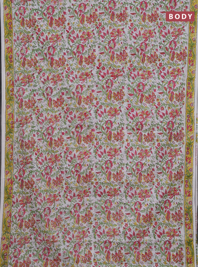 Jaipur cotton saree off white and yellow with allover floral prints and printed border